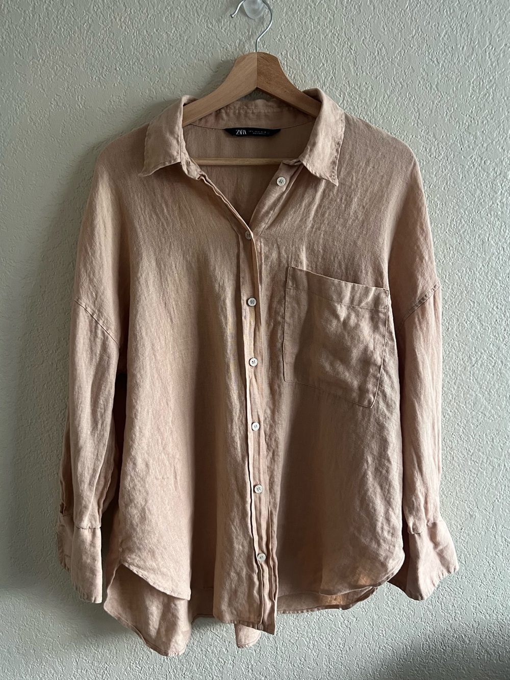 Zara Linen Button Down Shirt Tan Beige Top Size Large Casual Coastal Basic